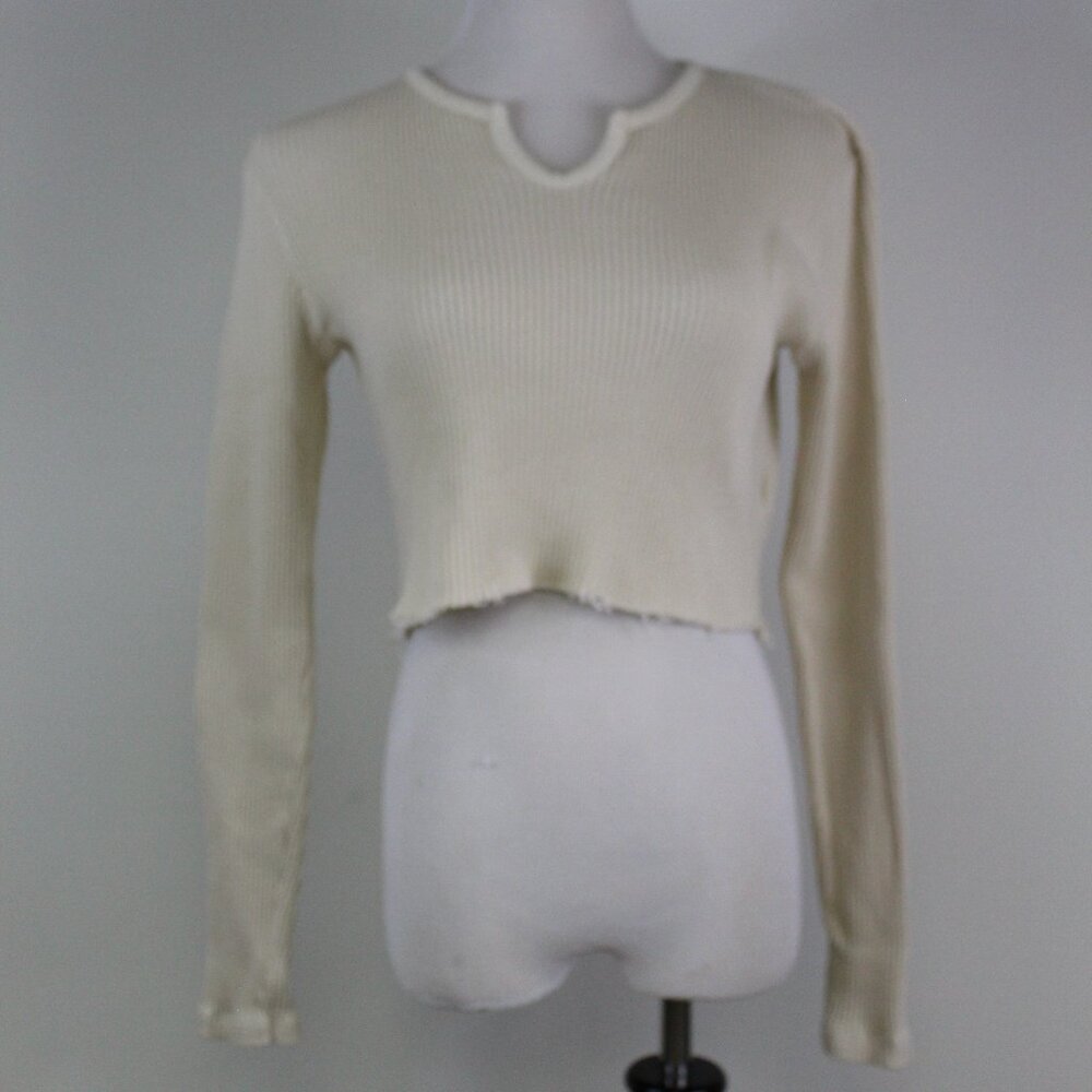 Brandy Melville Cropped Ribbed Sweater Cream Raw Hem Y2K Minimalist Italy